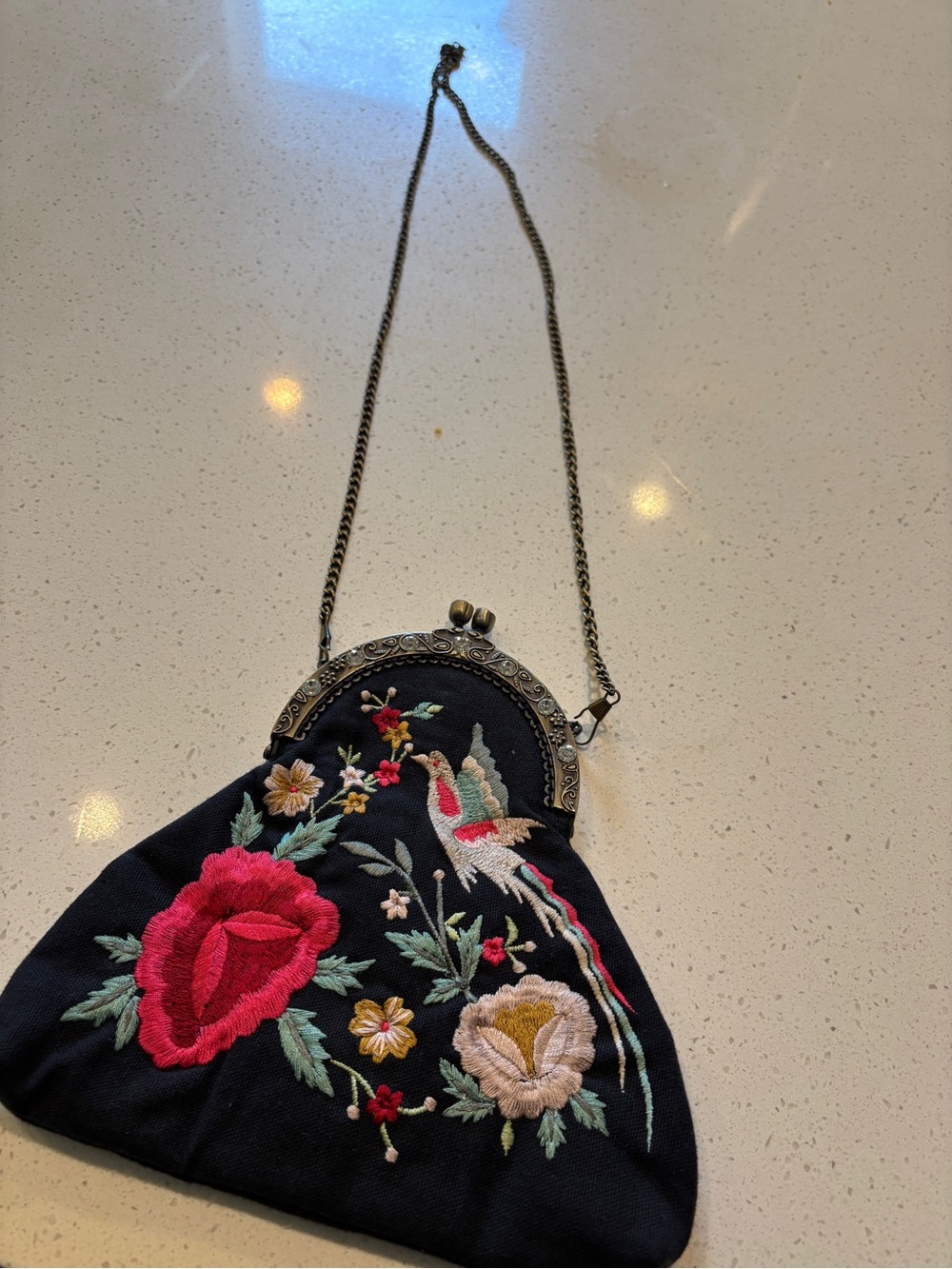 Summer of Love black embroidered floral kiss lock clutch bag
